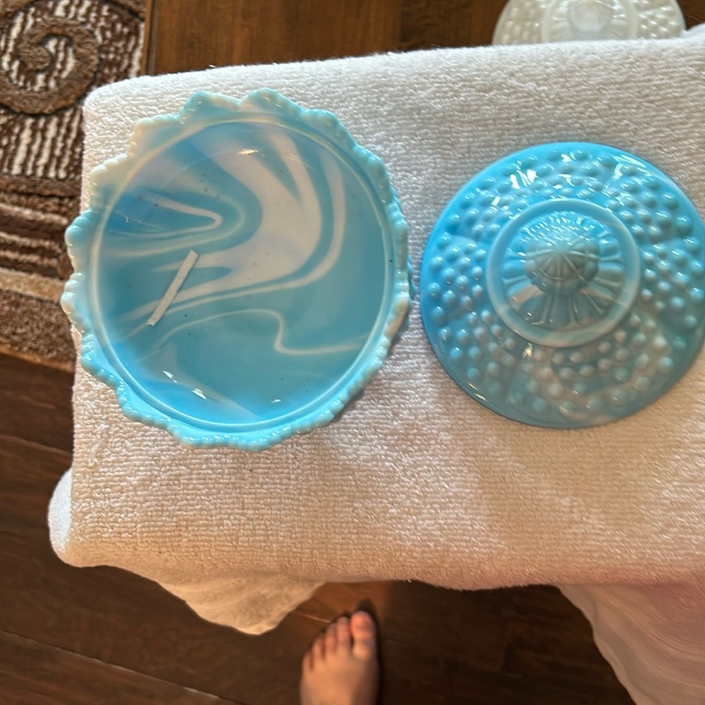 Beautiful blue swirl milk glass candy dish. Mint condition